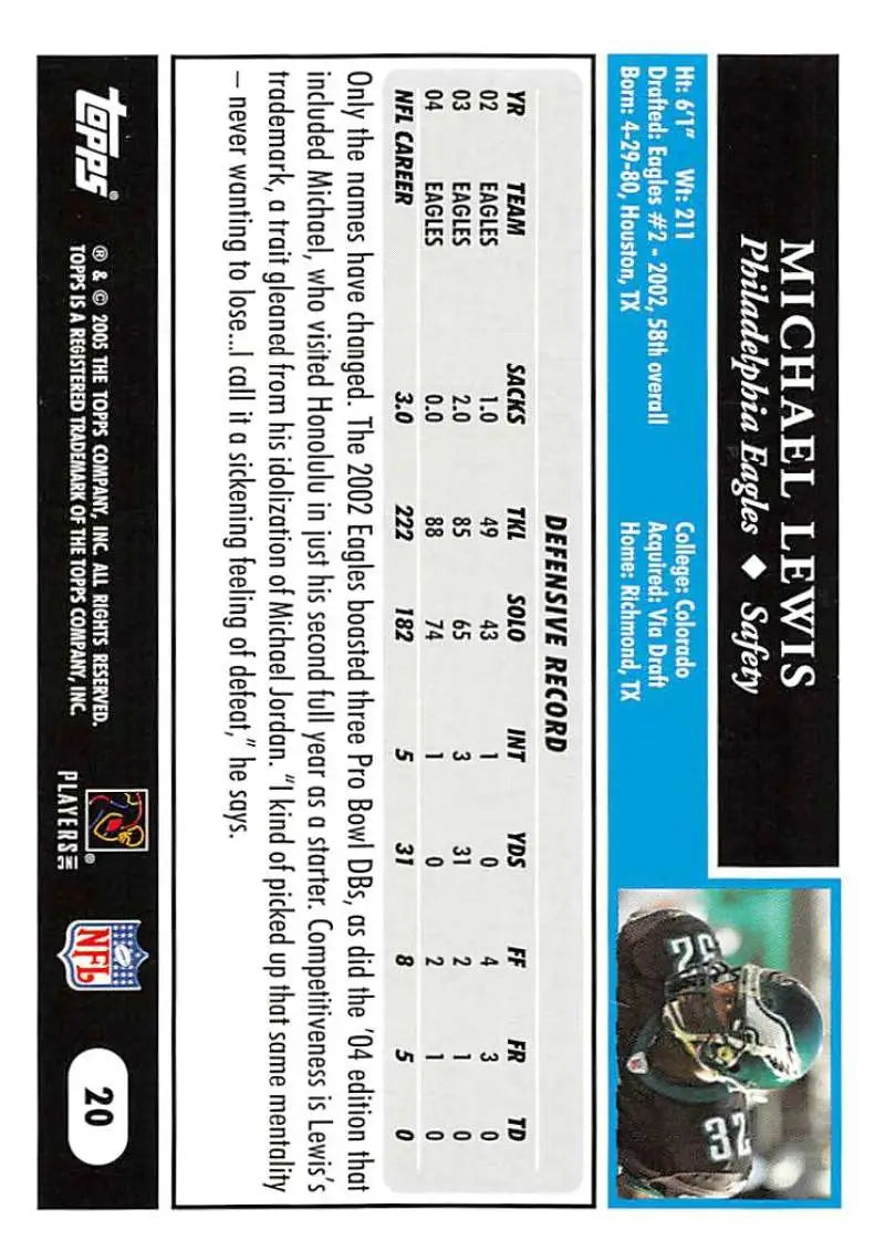 2005 Topps #20 Michael Lewis NM-MT Philadelphia Eagles Football Card - Football Card Single