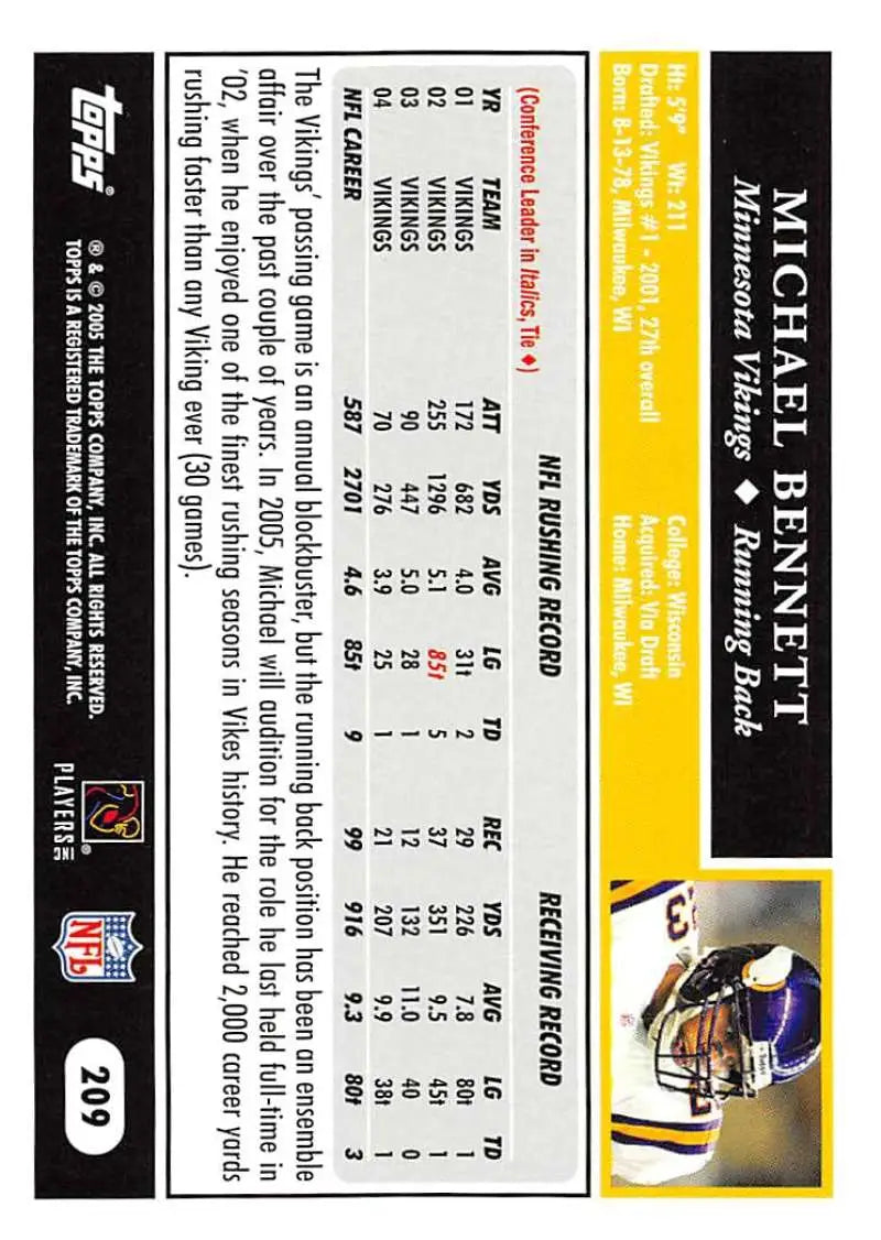 2005 Topps #209 Michael Bennett NM-MT Minnesota Vikings Football Card - Football Card Single
