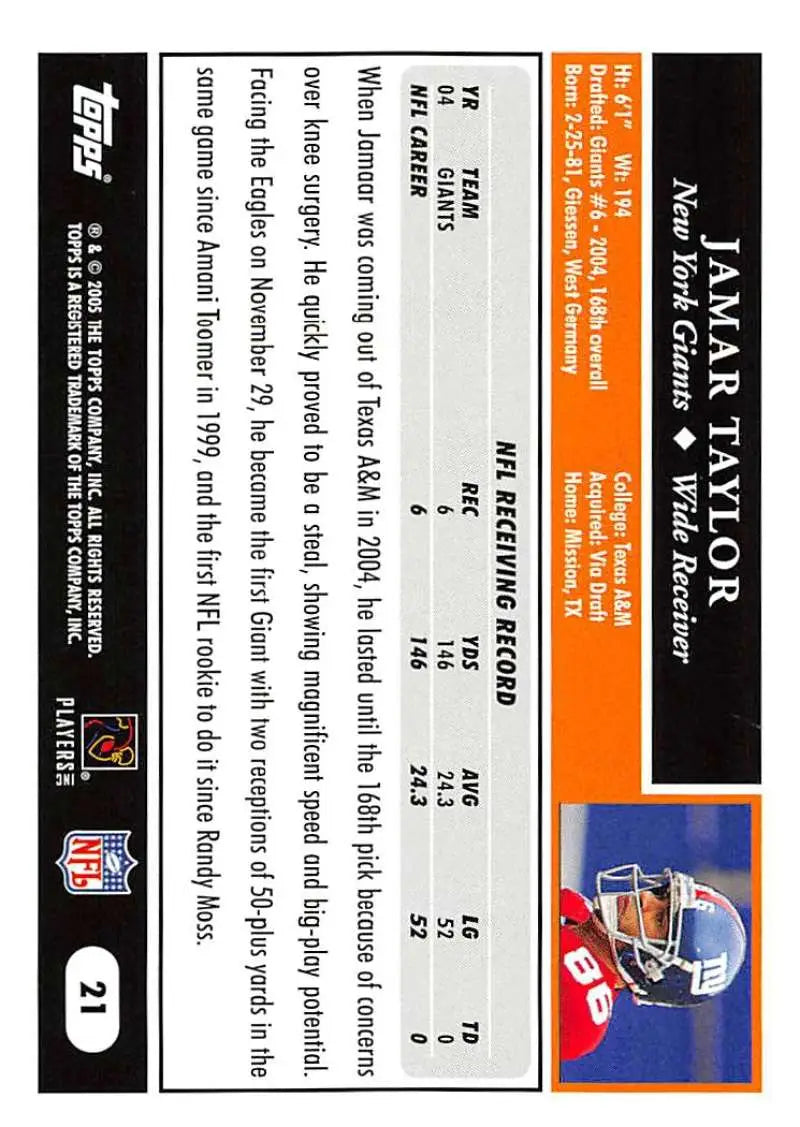 2005 Topps #21 Jamaar Taylor NM-MT New York Giants Football Card - Football Card Single
