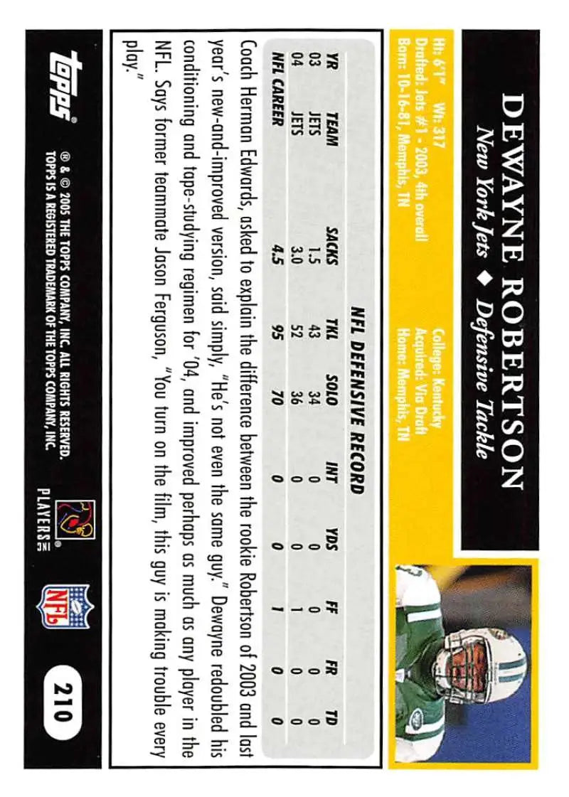 2005 Topps #210 Dewayne Robertson NM-MT New York Jets Football Card - Football Card Single