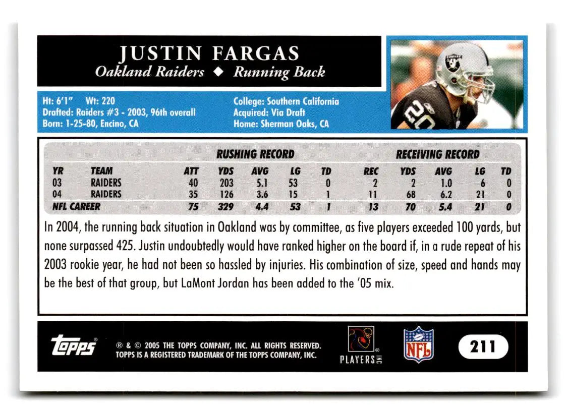 2005 Topps #211 Justin Fargas - Football Card Single