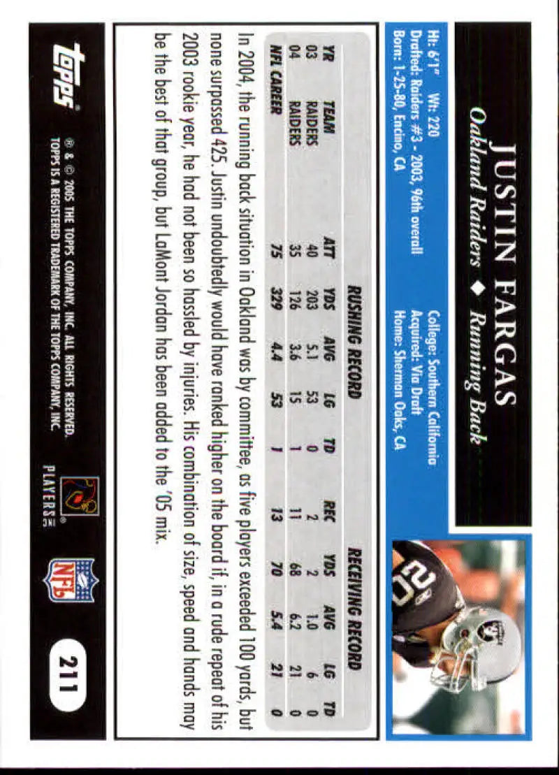 2005 Topps #211 Justin Fargas NM-MT Oakland Raiders Football Card - Football Card Single