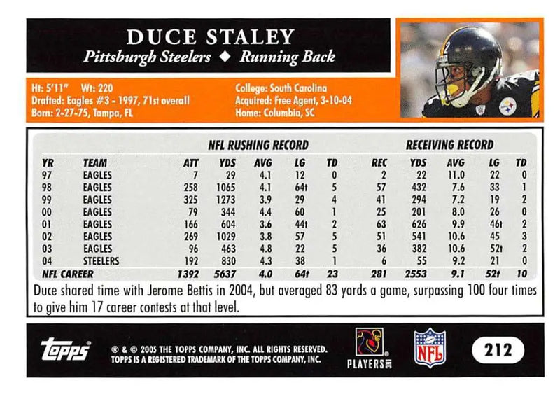 2005 Topps #212 Duce Staley NM-MT Pittsburgh Steelers Football Card - Football Card Single