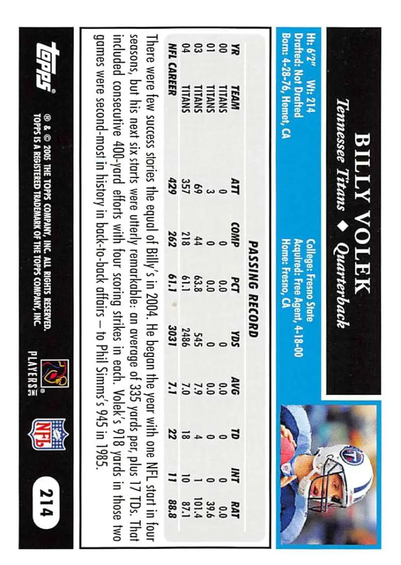2005 Topps #214 Billy Volek NM-MT Tennessee Titans Football Card - Football Card Single