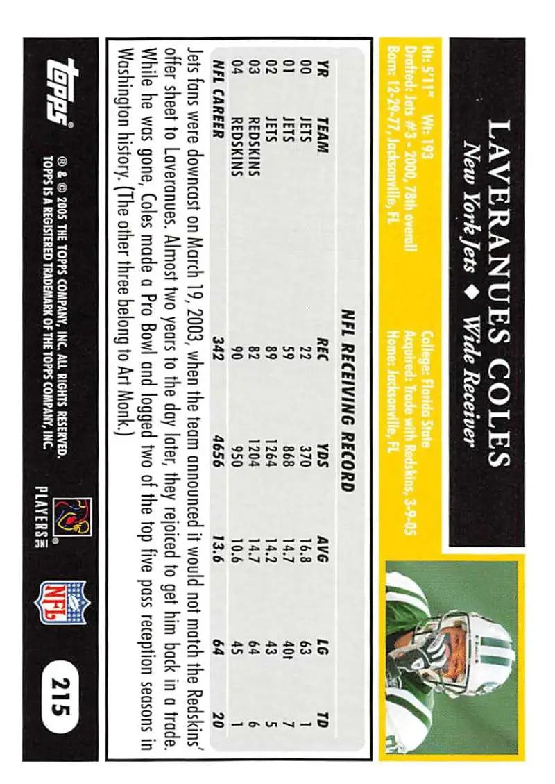 2005 Topps #215 Laveraneas Coles NM-MT New York Jets Football Card - Football Card Single