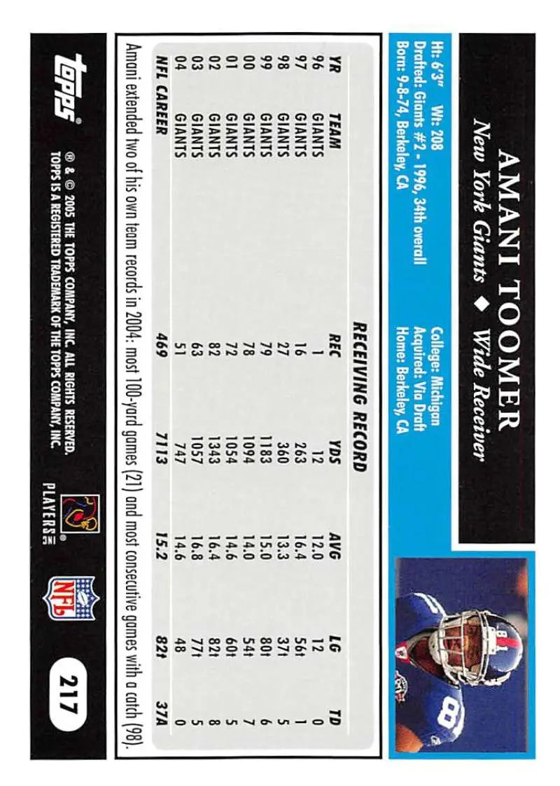 2005 Topps #217 Amani Toomer NM-MT New York Giants Football Card - Football Card Single