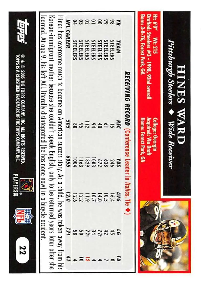 2005 Topps #22 Hines Ward NM-MT Pittsburgh Steelers Football Card - Football Card Single