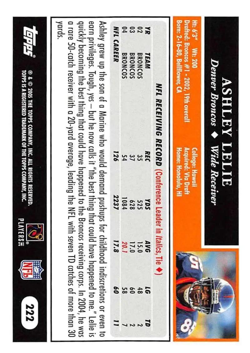 2005 Topps #222 Ashley Lelie NM-MT Denver Broncos Football Card - Football Card Single