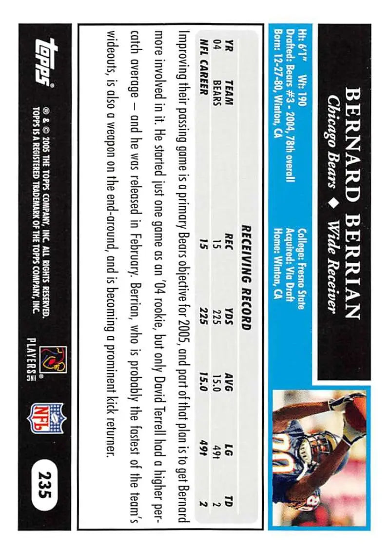 2005 Topps #235 Bernard Berrian NM-MT Chicago Bears Football Card - Football Card Single