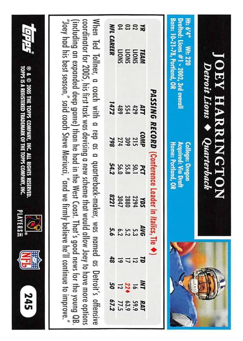 2005 Topps #245 Joey Harrington NM-MT Detroit Lions Football Card