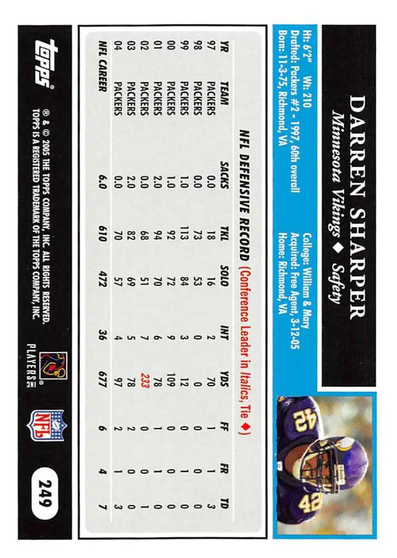 2005 Topps #249 Darren Sharper NM-MT Minnesota Vikings Football Card - Football Card Single