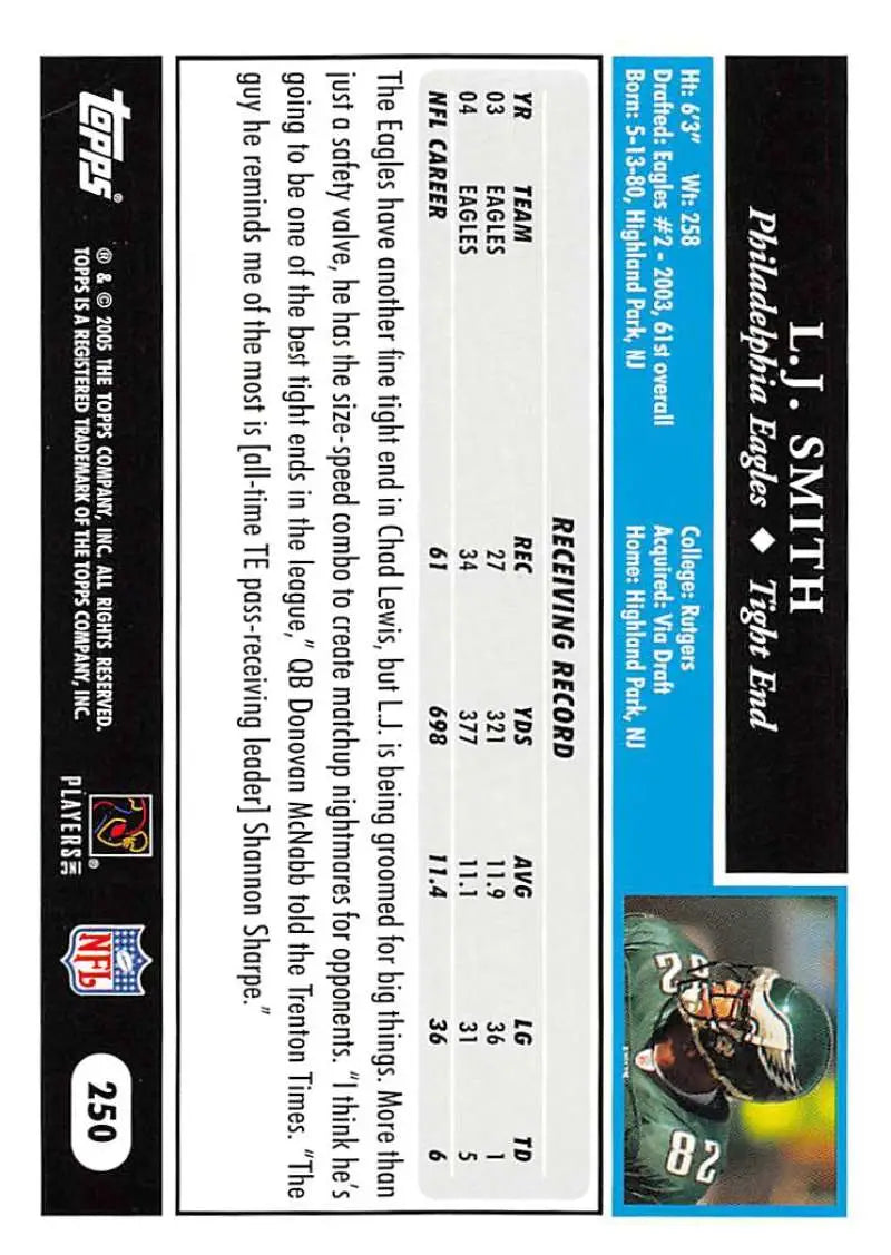 2005 Topps #250 L.J. Smith NM-MT Philadelphia Eagles Football Card - Football Card Single
