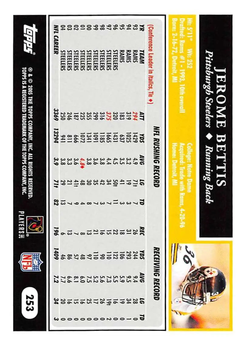 2005 Topps #253 Jerome Bettis NM-MT Pittsburgh Steelers Football Card - Football Card Single