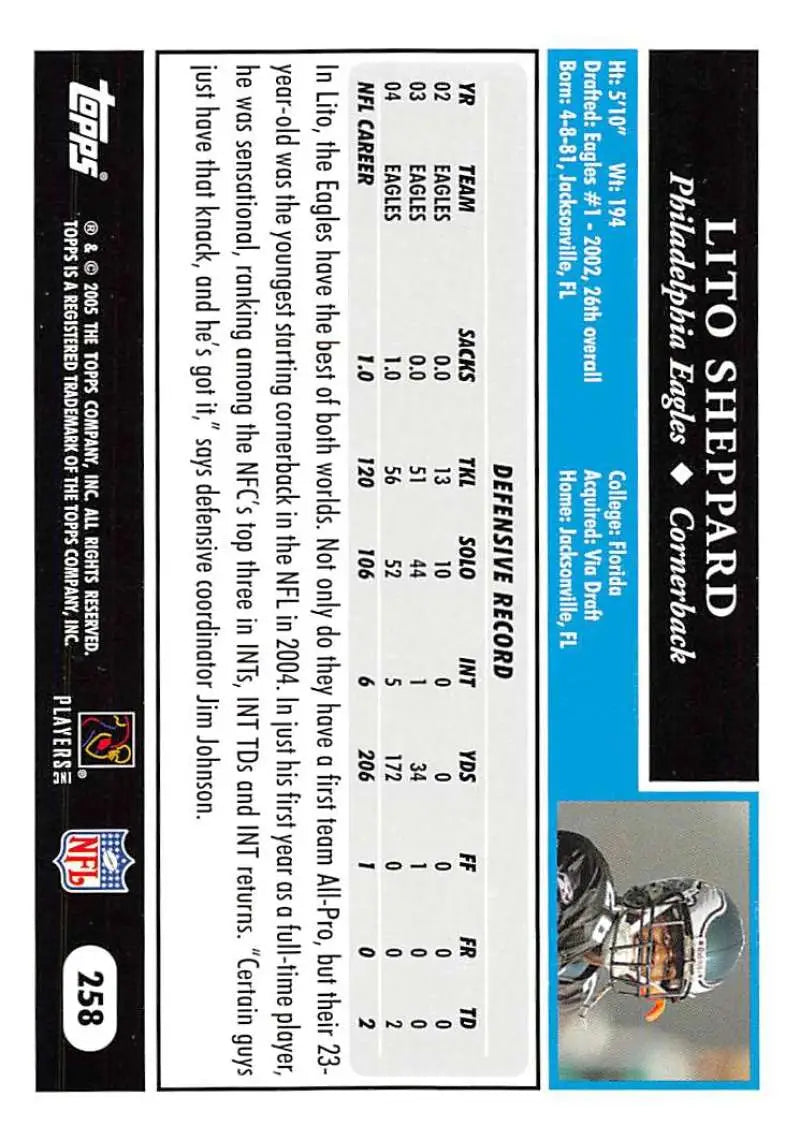 2005 Topps #258 Lito Sheppard NM-MT Philadelphia Eagles Football Card - Football Card Single