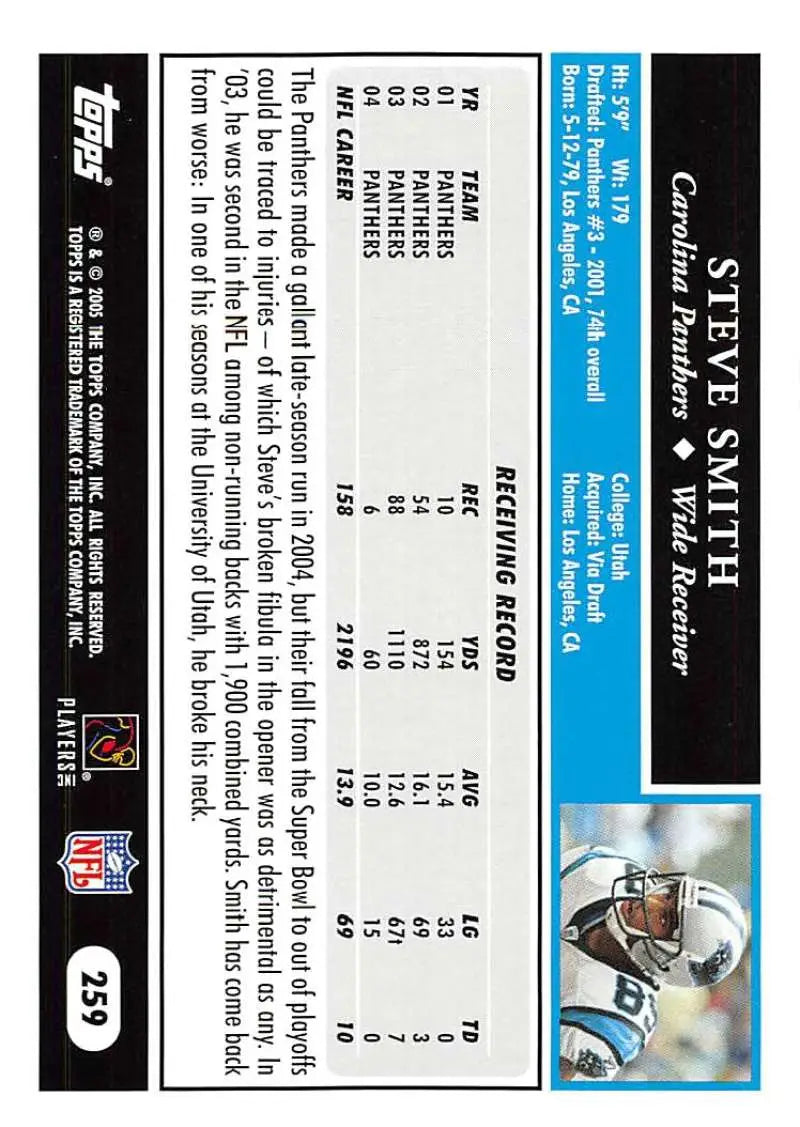 2005 Topps #259 Steve Smith NM-MT Carolina Panthers Football Card - Football Card Single