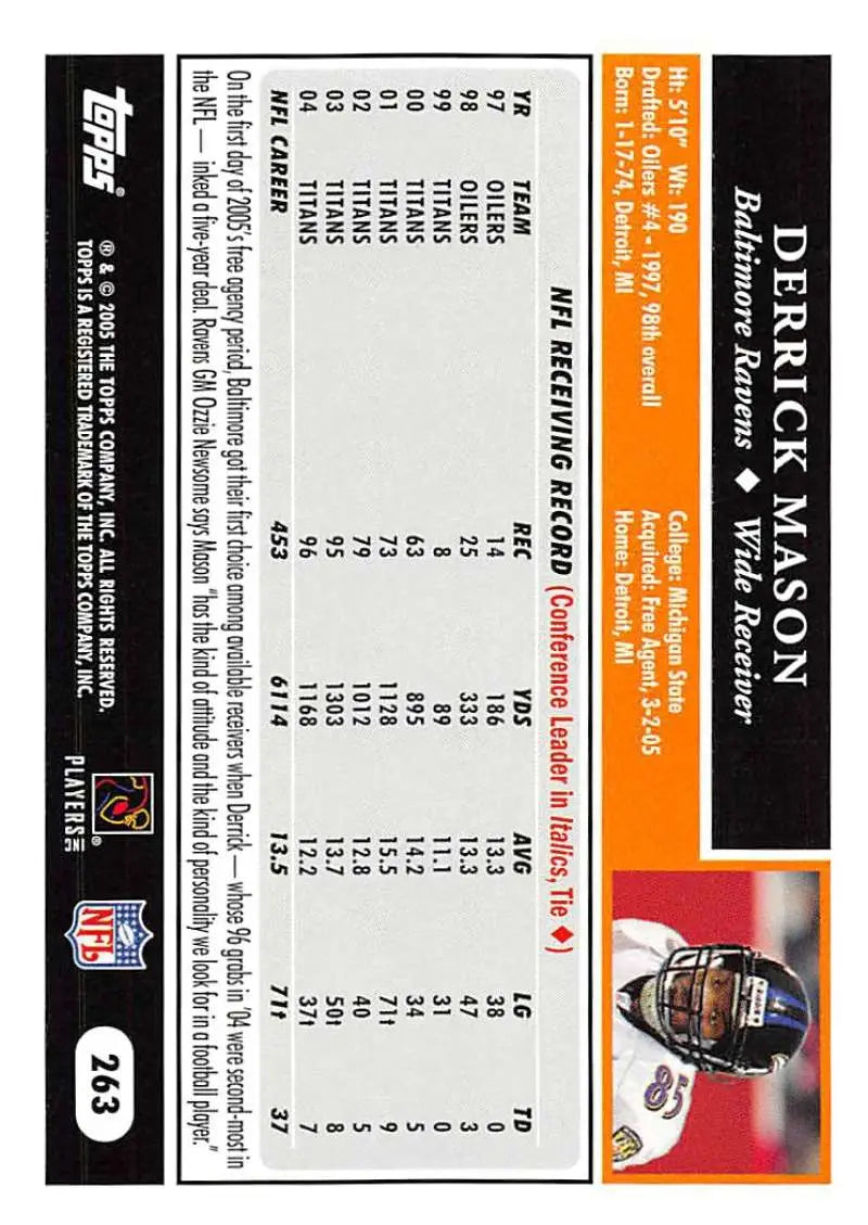 2005 Topps #263 Derrick Mason NM-MT Baltimore Ravens Football Card - Football Card Single