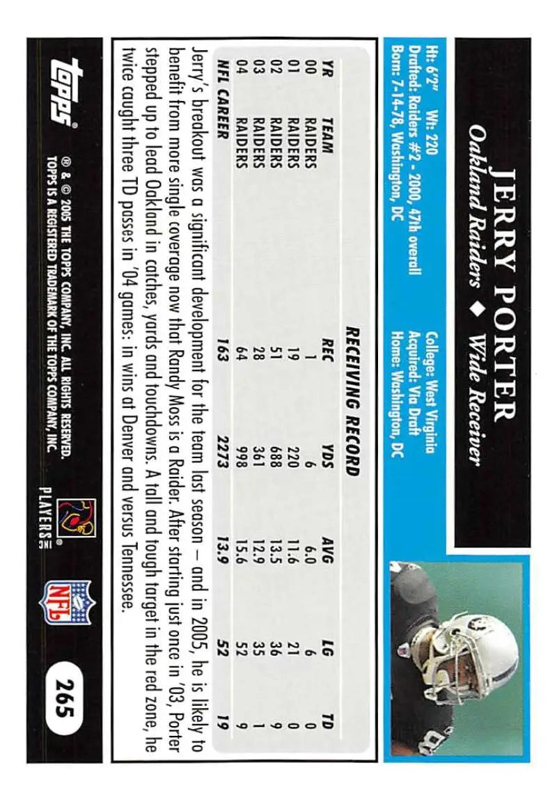 2005 Topps #265 Jerry Porter NM-MT Oakland Raiders Football Card - Football Card Single