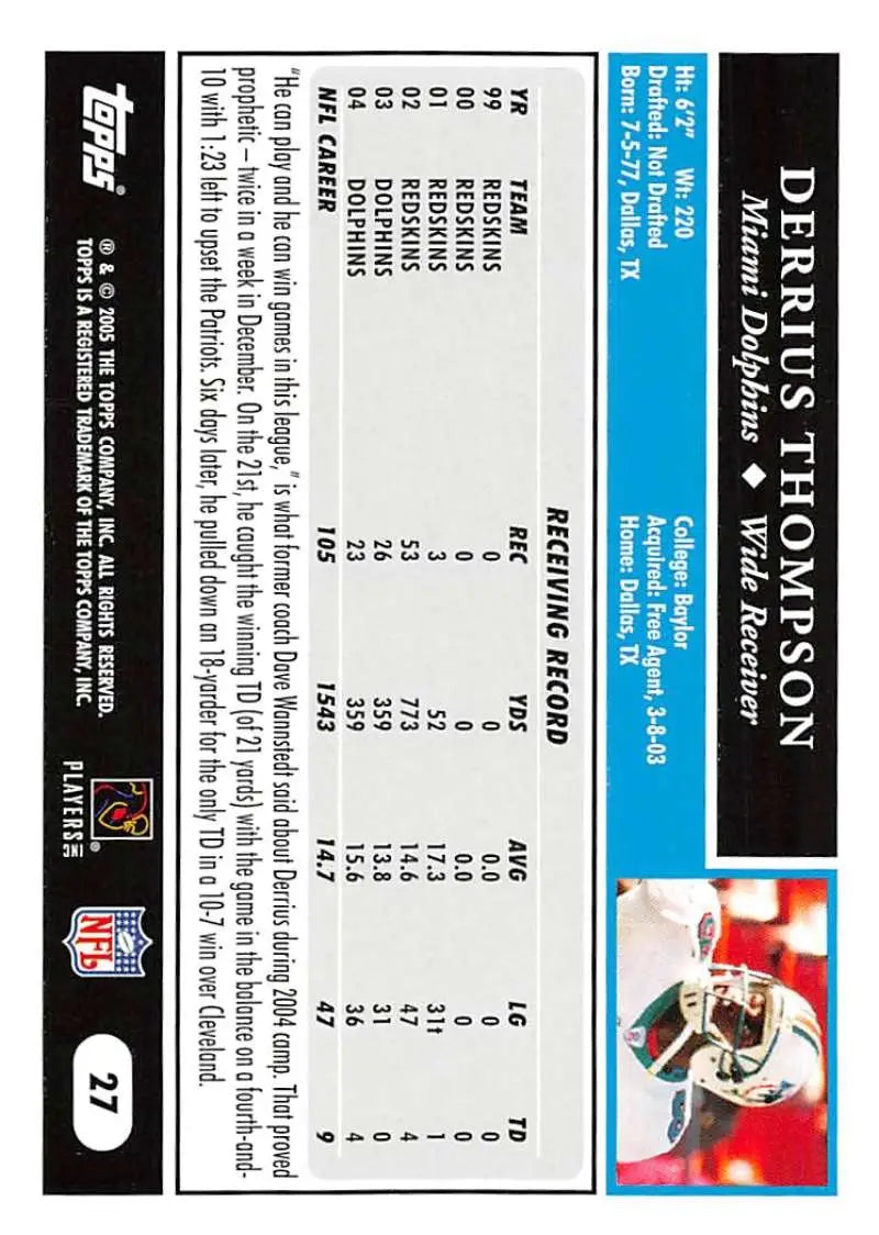 2005 Topps #27 Derrius Thompson NM-MT Miami Dolphins Football Card - Football Card Single