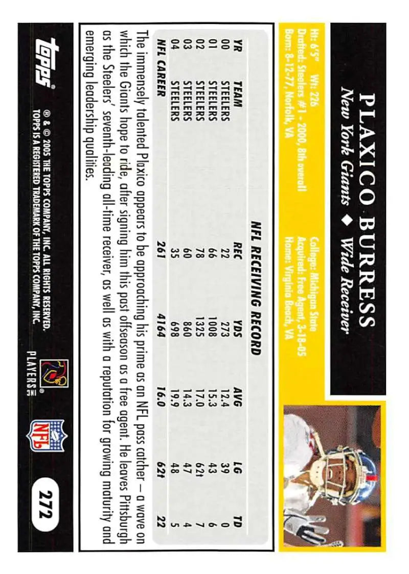 2005 Topps #272 Plaxico Burress NM-MT New York Giants Football Card - Football Card Single