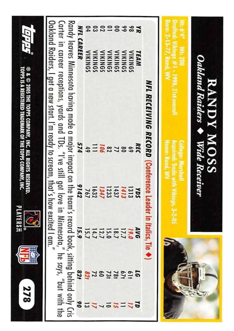 2005 Topps #278 Randy Moss NM-MT Oakland Raiders Football Card - Football Card Single
