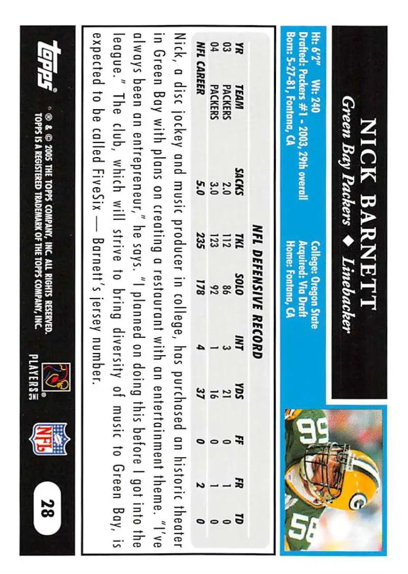 2005 Topps #28 Nick Barnett NM-MT Green Bay Packers Football Card - Football Card Single