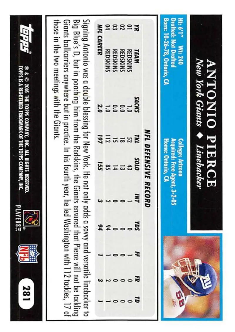 2005 Topps #281 Antonio Pierce NM-MT New York Giants Football Card - Football Card Single