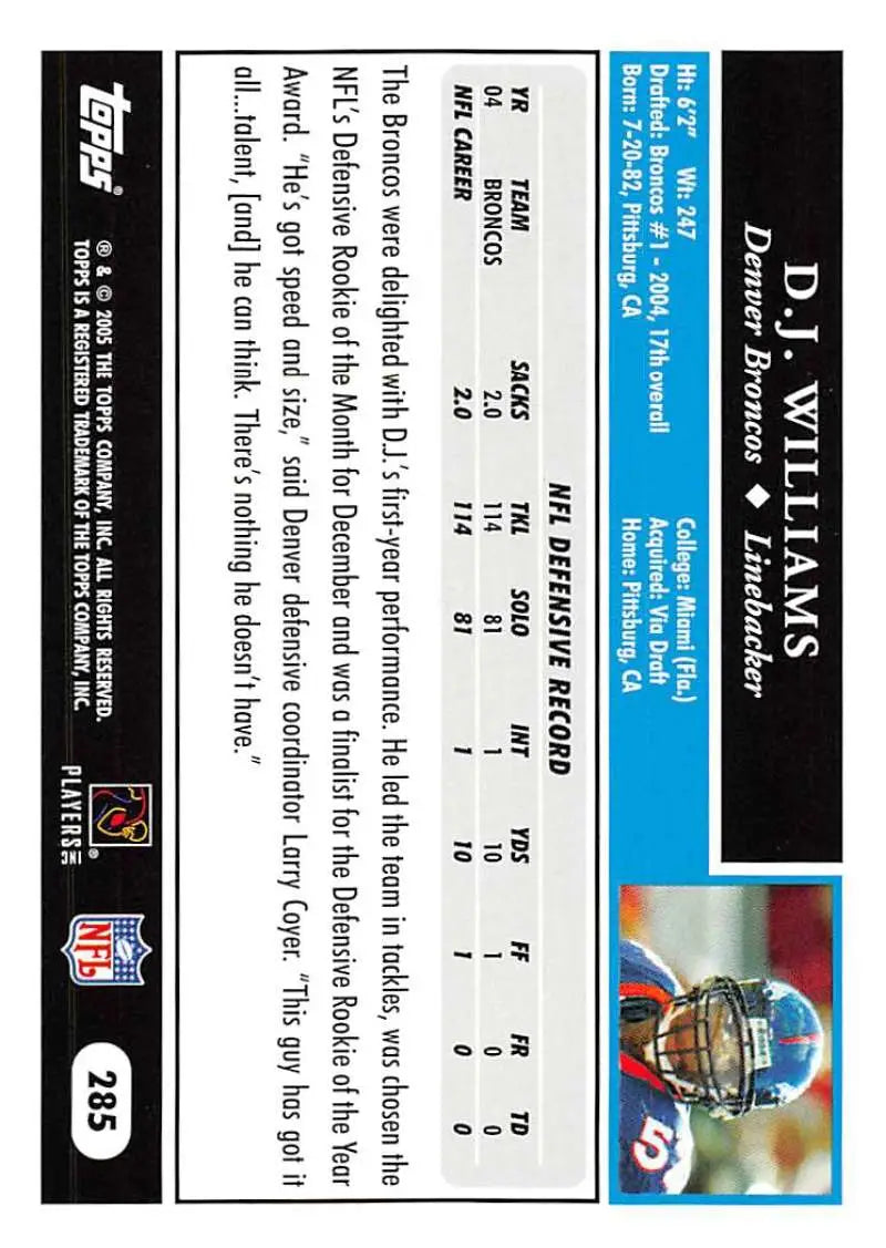 2005 Topps #285 D.J. Williams NM-MT Denver Broncos Football Card - Football Card Single