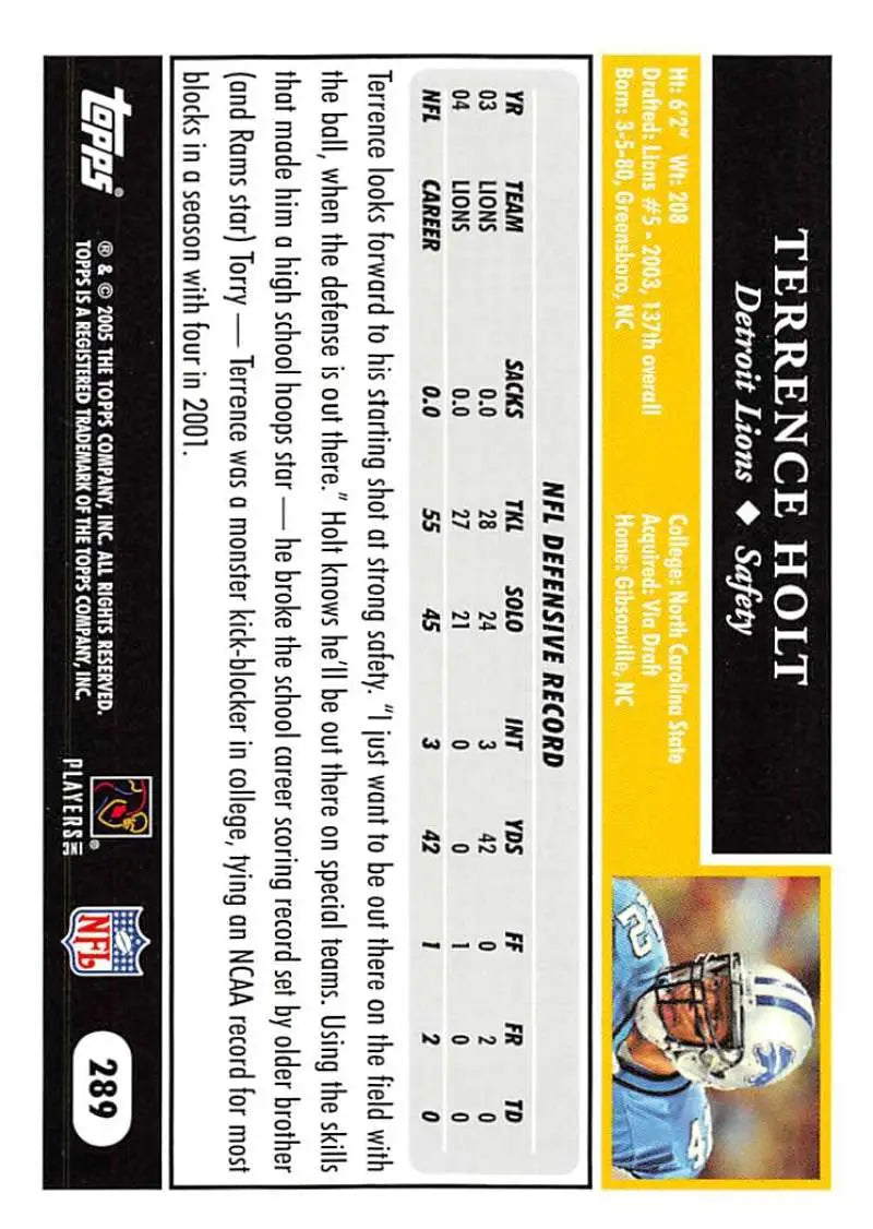 2005 Topps #289 Terrence Holt NM-MT Detroit Lions Football Card - Football Card Single