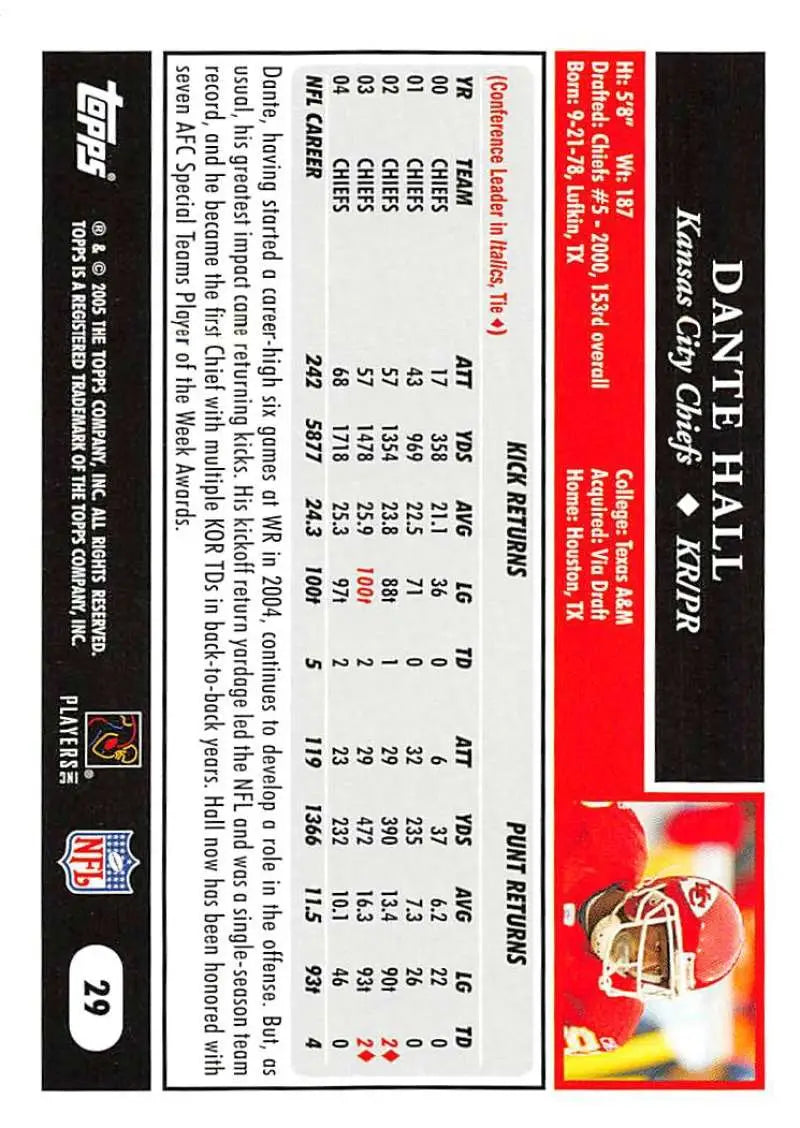 2005 Topps #29 Dante Hall NM-MT Kansas City Chiefs Football Card - Football Card Single