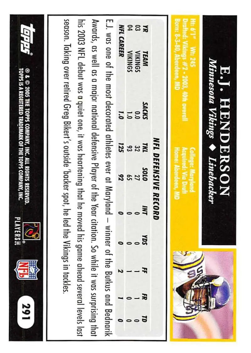 2005 Topps #291 E.J. Henderson NM-MT Minnesota Vikings Football Card - Football Card Single
