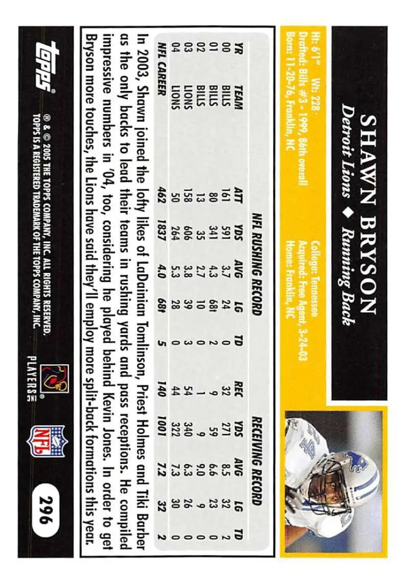 2005 Topps #296 Shawn Bryson NM-MT Detroit Lions Football Card - Football Card Single