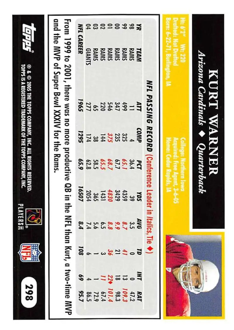 2005 Topps #298 Kurt Warner NM-MT Arizona Cardinals Football Card