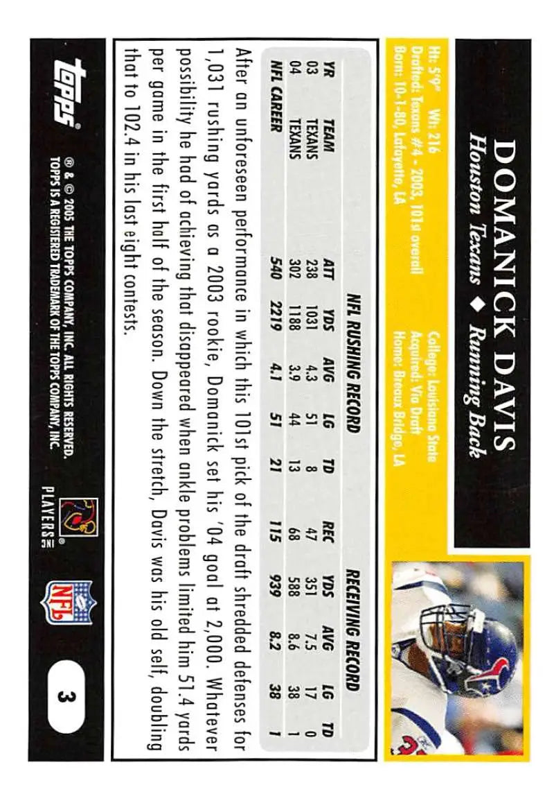 2005 Topps #3 Domanick Davis NM-MT Houston Texans Football Card - Football Card Single