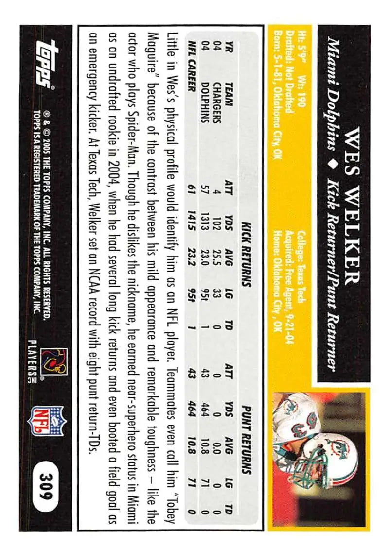 2005 Topps #309 Wes Welker NM-MT Miami Dolphins Football Card - Football Card Single