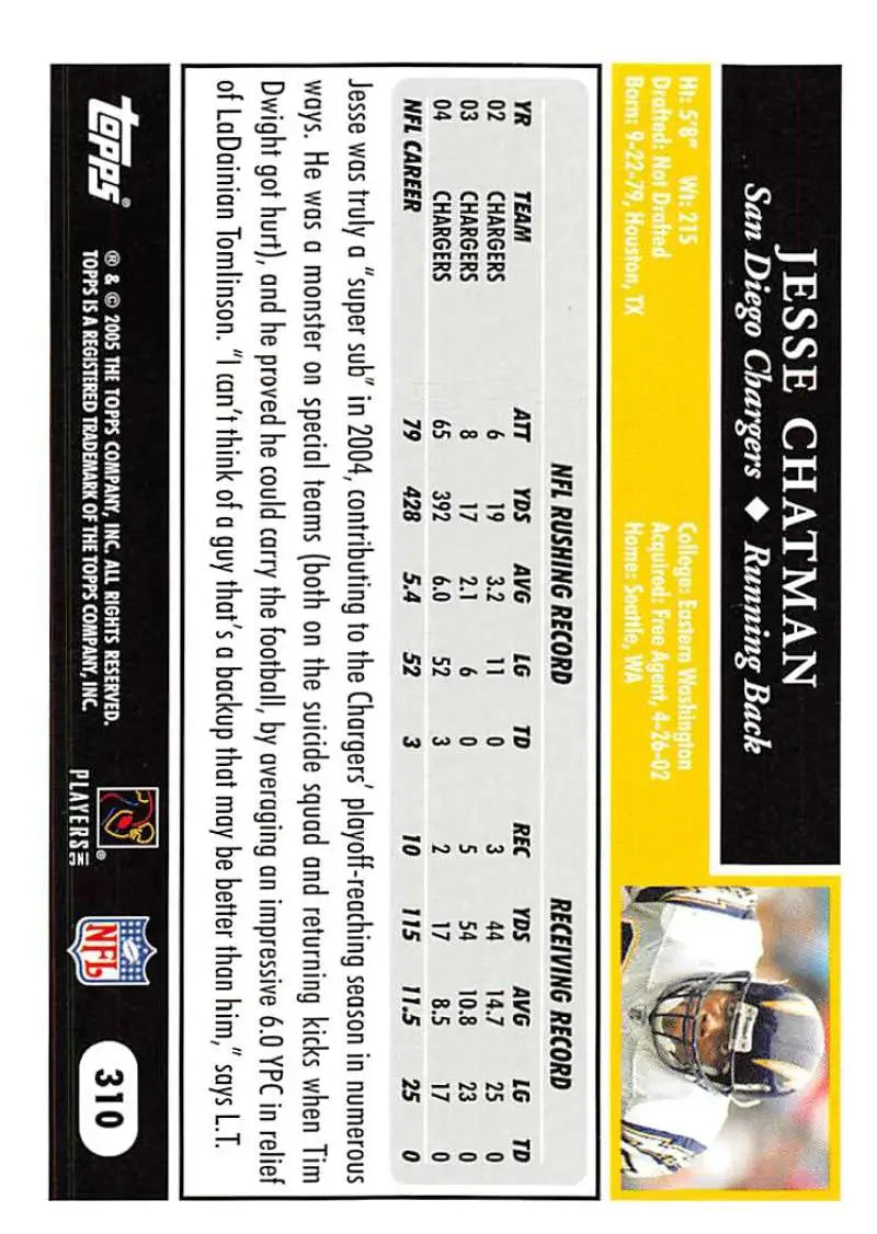 2005 Topps #310 Jesse Chatman NM-MT San Diego Chargers Football Card - Football Card Single