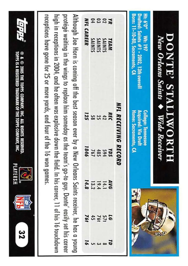 2005 Topps #32 Donte Stallworth NM-MT New Orleans Saints Football Card - Football Card Single