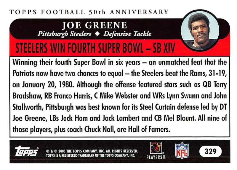 2005 Topps #329 Joe Greene NM-MT Pittsburgh Steelers Football Card - Football Card Single