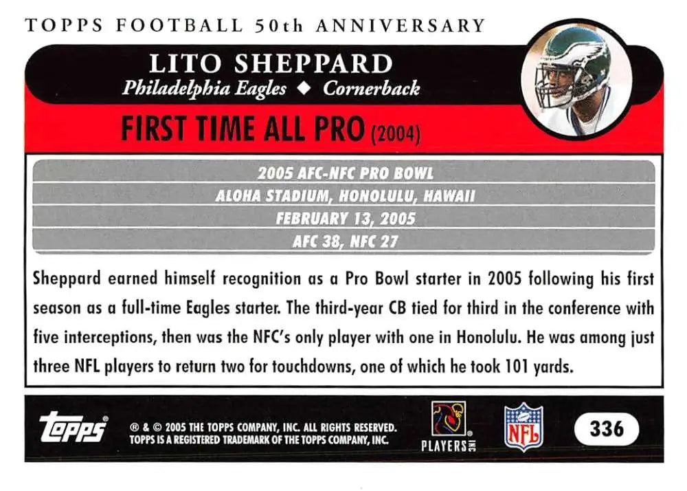 2005 Topps #336 Lito Sheppard NM-MT Philadelphia Eagles Football Card - Football Card Single
