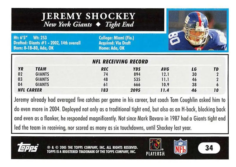 2005 Topps #34 Jeremy Shockey NM-MT New York Giants Football Card - Football Card Single