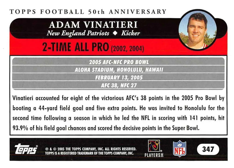 2005 Topps #347 Adam Vinatieri NM-MT New England Patriots Football Card - Football Card Single