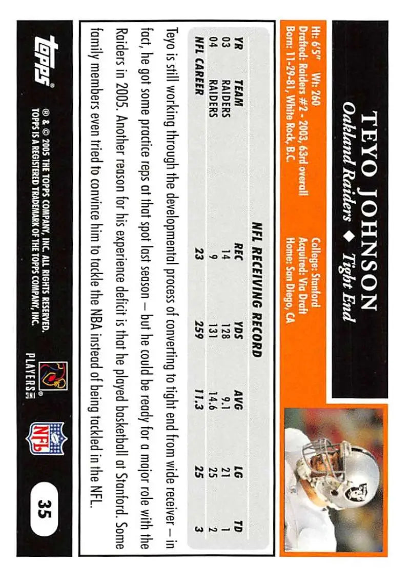 2005 Topps #35 Teyo Johnson NM-MT Oakland Raiders Football Card - Football Card Single