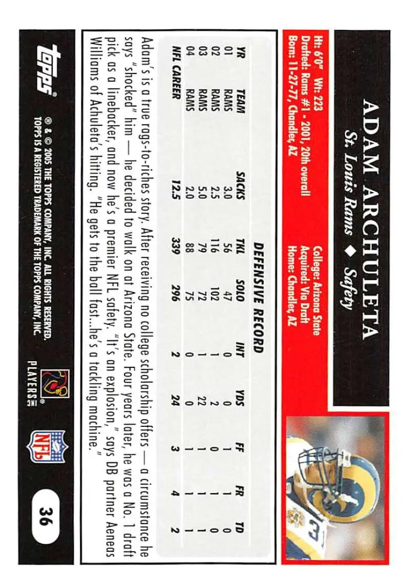 2005 Topps #36 Adam Archuleta NM-MT St. Louis Rams Football Card - Football Card Single
