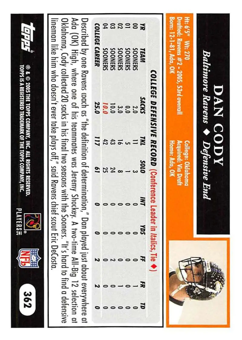 2005 Topps #362 Dan Cody NM-MT RC Rookie Baltimore Ravens Football Card - Football Card Single