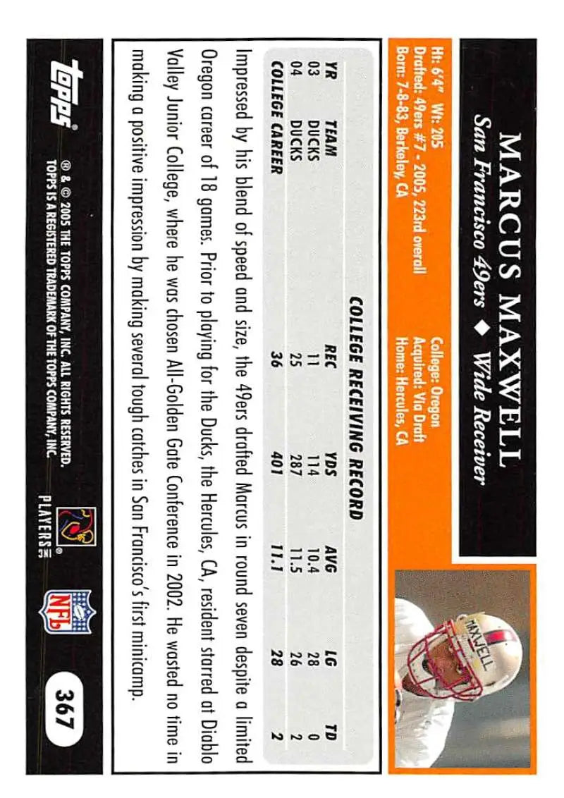 2005 Topps #367 Marcus Maxwell NM-MT RC Rookie San Francisco 49ers Football Card - Football Card Single