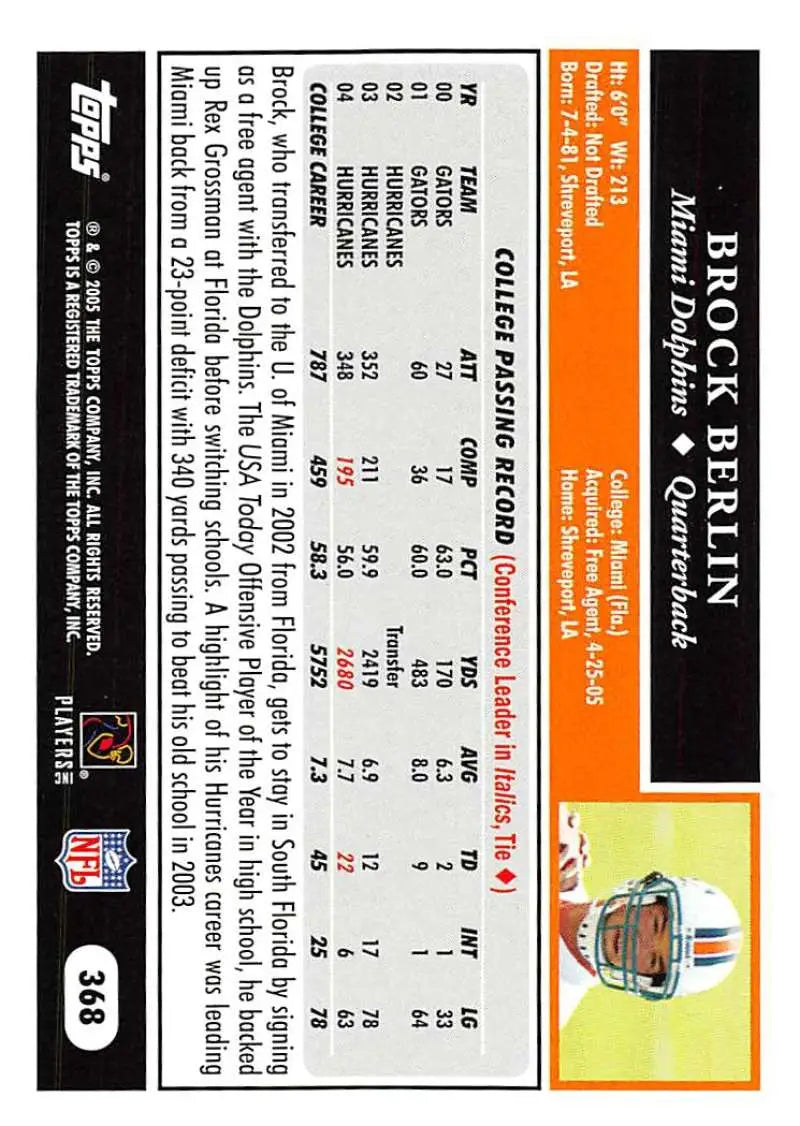 2005 Topps #368 Brock Berlin NM-MT RC Rookie Miami Dolphins Football Card - Football Card Single