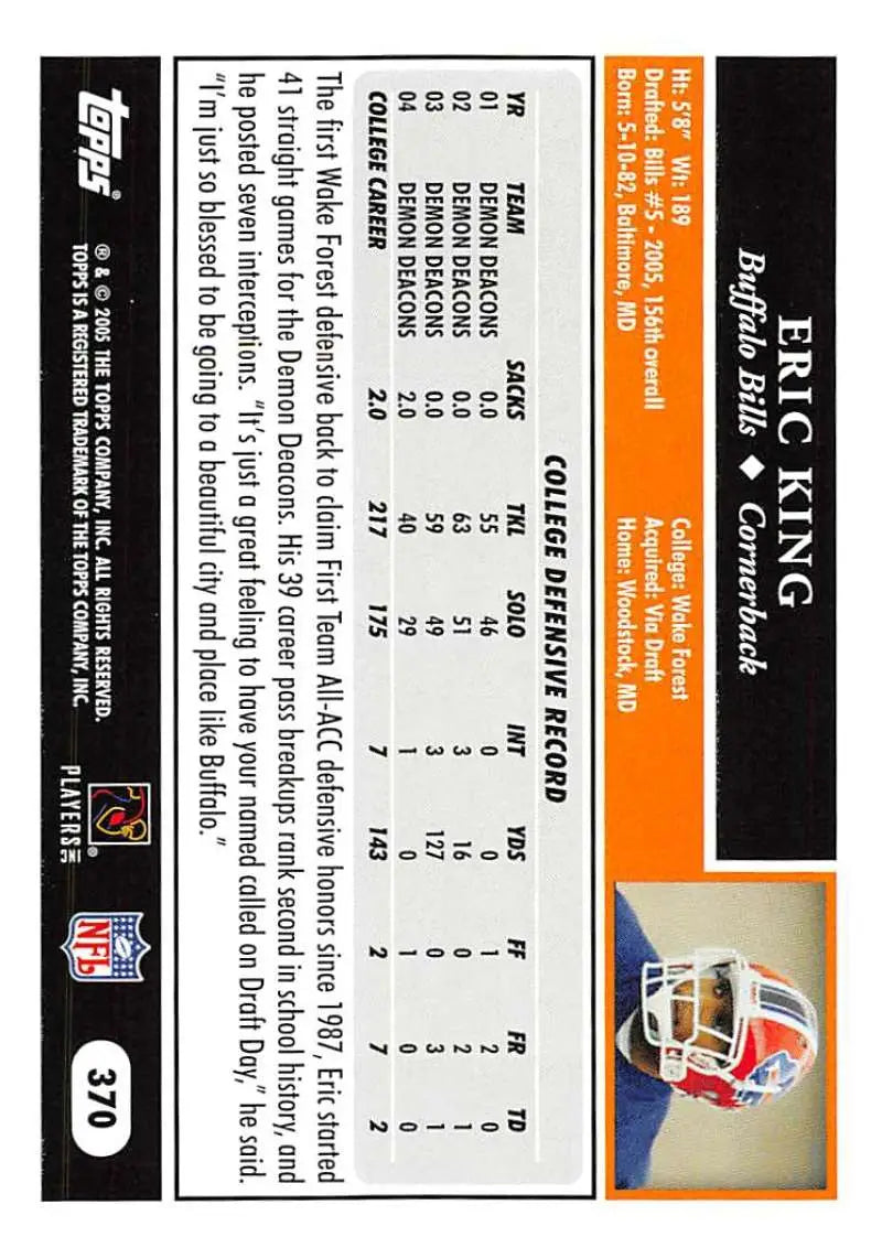 2005 Topps #370 Eric King NM-MT RC Rookie Buffalo Bills Football Card - Football Card Single