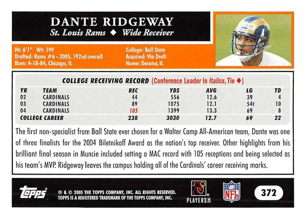 2005 Topps #372 Dante Ridgeway NM-MT RC Rookie St. Louis Rams Football Card - Football Card Single