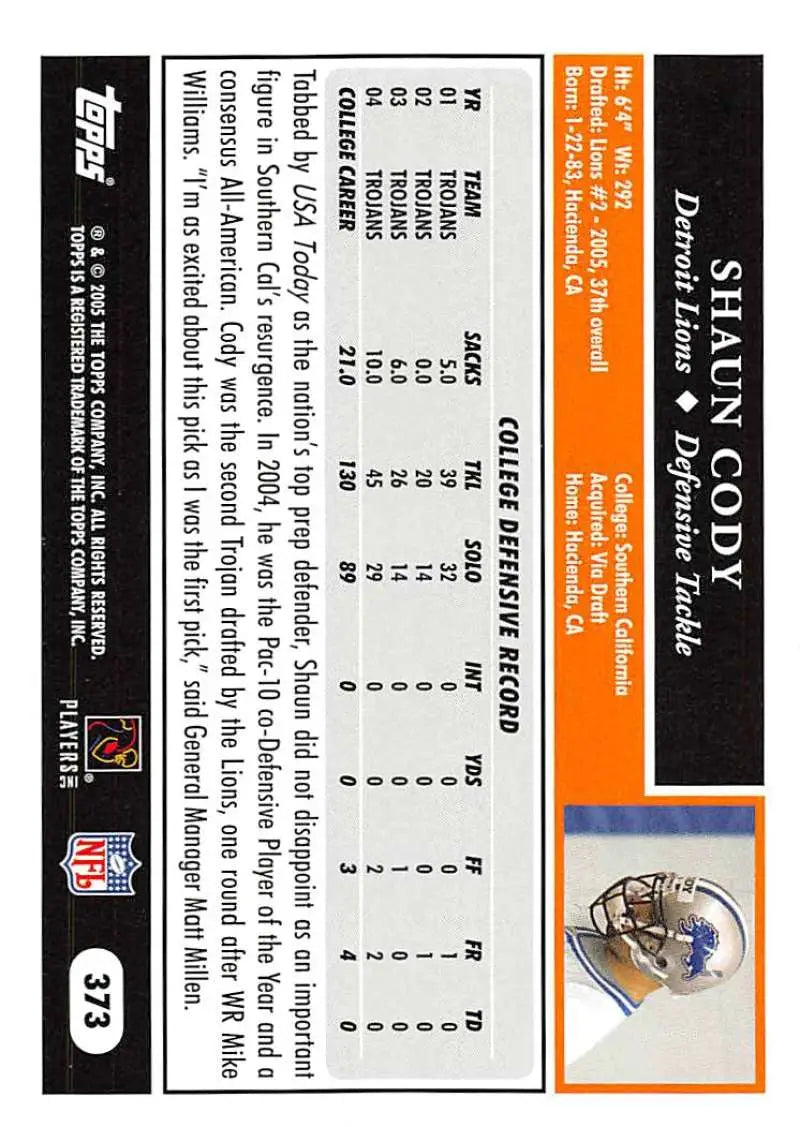 2005 Topps #373 Shaun Cody NM-MT RC Rookie Detroit Lions Football Card - Football Card Single