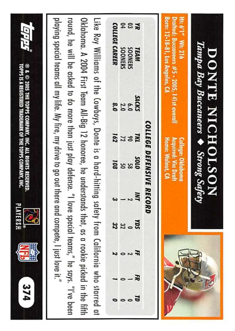 2005 Topps #374 Donte Nicholson NM-MT RC Rookie Tampa Bay Buccaneers Football Card - Football Card Single