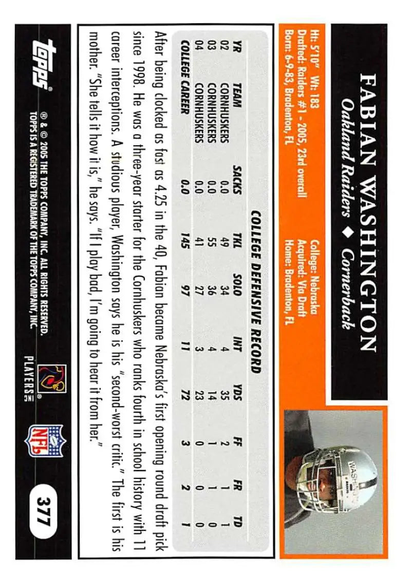 2005 Topps #377 Fabian Washington NM-MT RC Rookie Oakland Raiders Football Card - Football Card Single